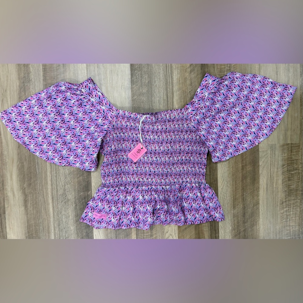 Simply Southern Pink and Purple Size Large Smocked Blouse